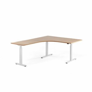 Výškově nastavitelný stůl MODULUS, rohový, 1600x2000 mm, bílý rám, dub
