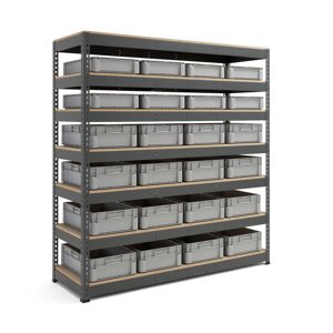 Skladový regál s 24 plastovými přepravkami (8x 21 l a 16x 32 l)