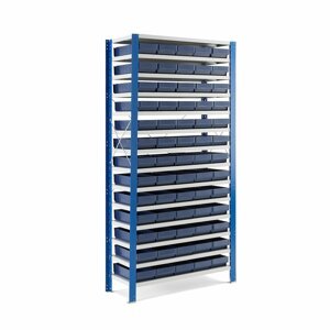 Kovový regál s 65 plastovými boxy, 2100x1000x400 mm, modré boxy