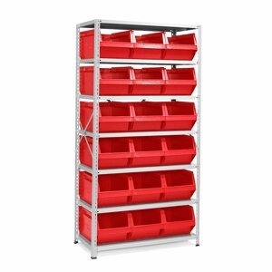 Regál s 18 plastovými boxy, 1970x1000x500 mm, červené boxy