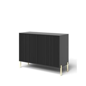 Komoda Oslo 104 cm – černá s drážkovaným čelem a zlatými nožkami